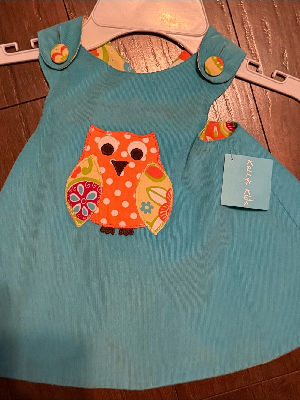 Kelly’s Kids Reversible Turquoise Corduroy Baby Dress with Orange Owl Applique